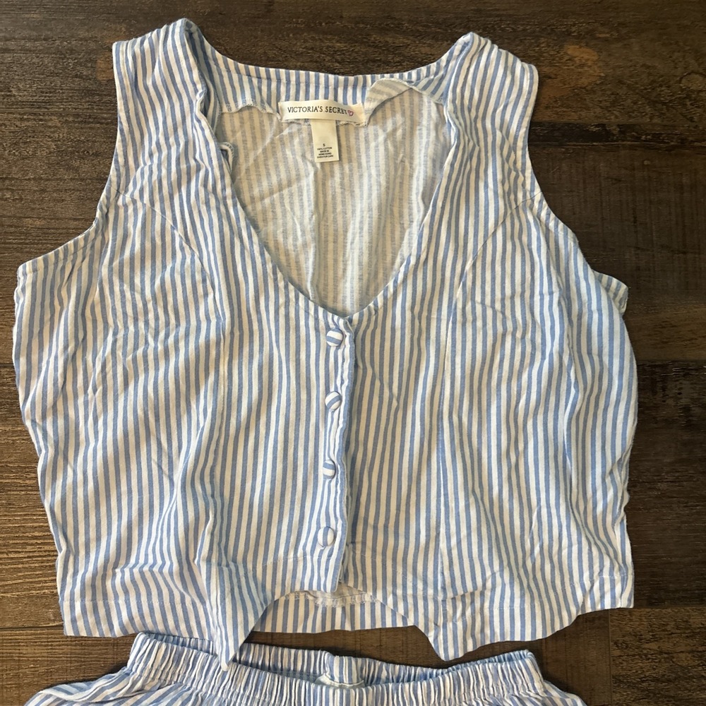 Victoria's Secret Lounge Set Blue White Stripes Pants Vest Y2K Pajamas Small VTG - Picture 5 of 9